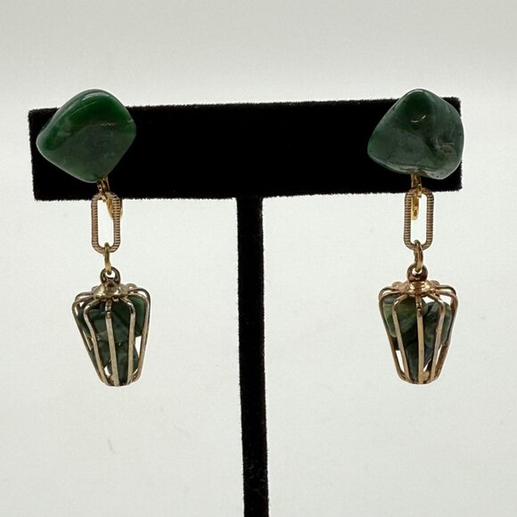 Vintage Gold-Tone Green Stone Clip-On Earrings With Dangling Cage Design - Picture 8 of 8